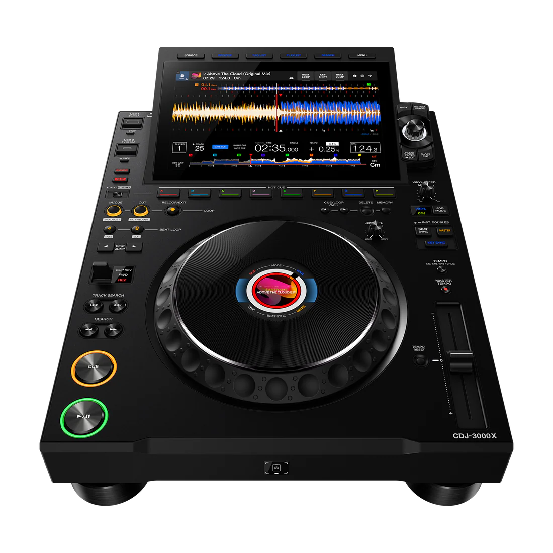 Black DJ player with digital display and control buttons on a white background