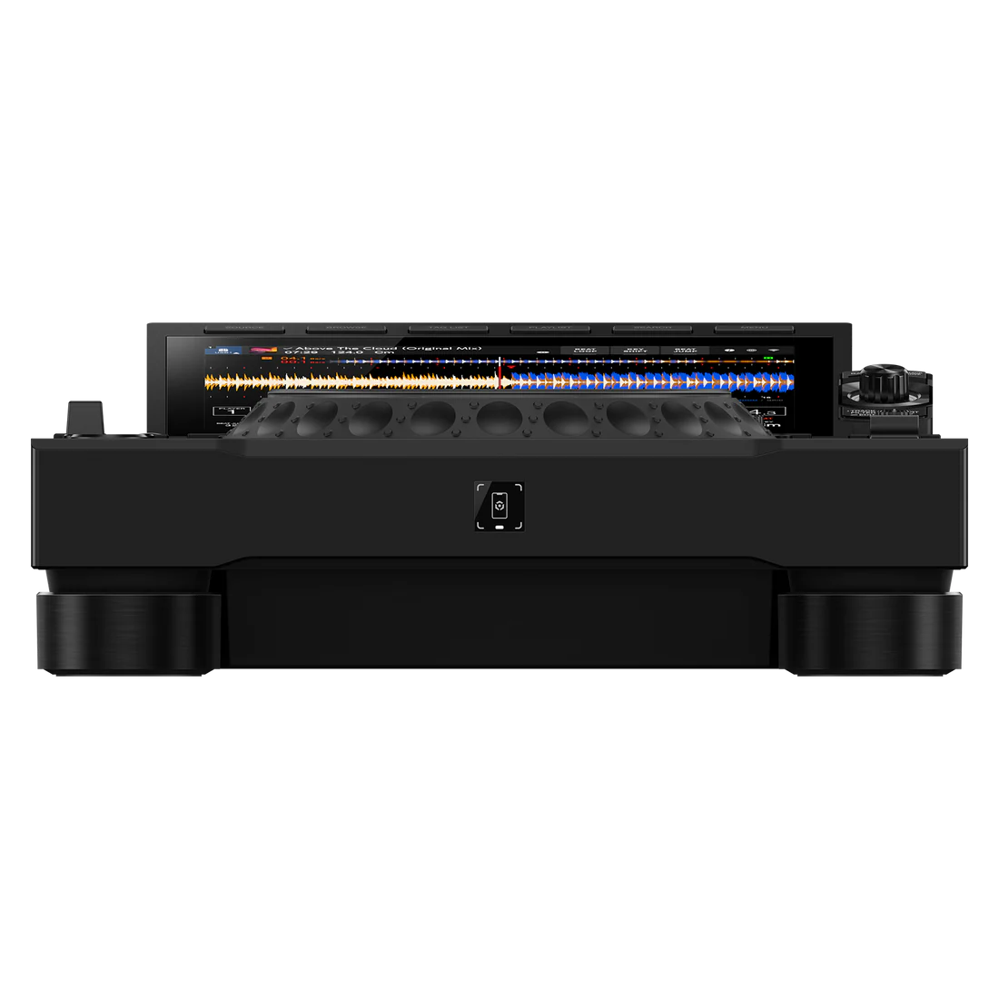 Black DJ turntable with digital display on a white background