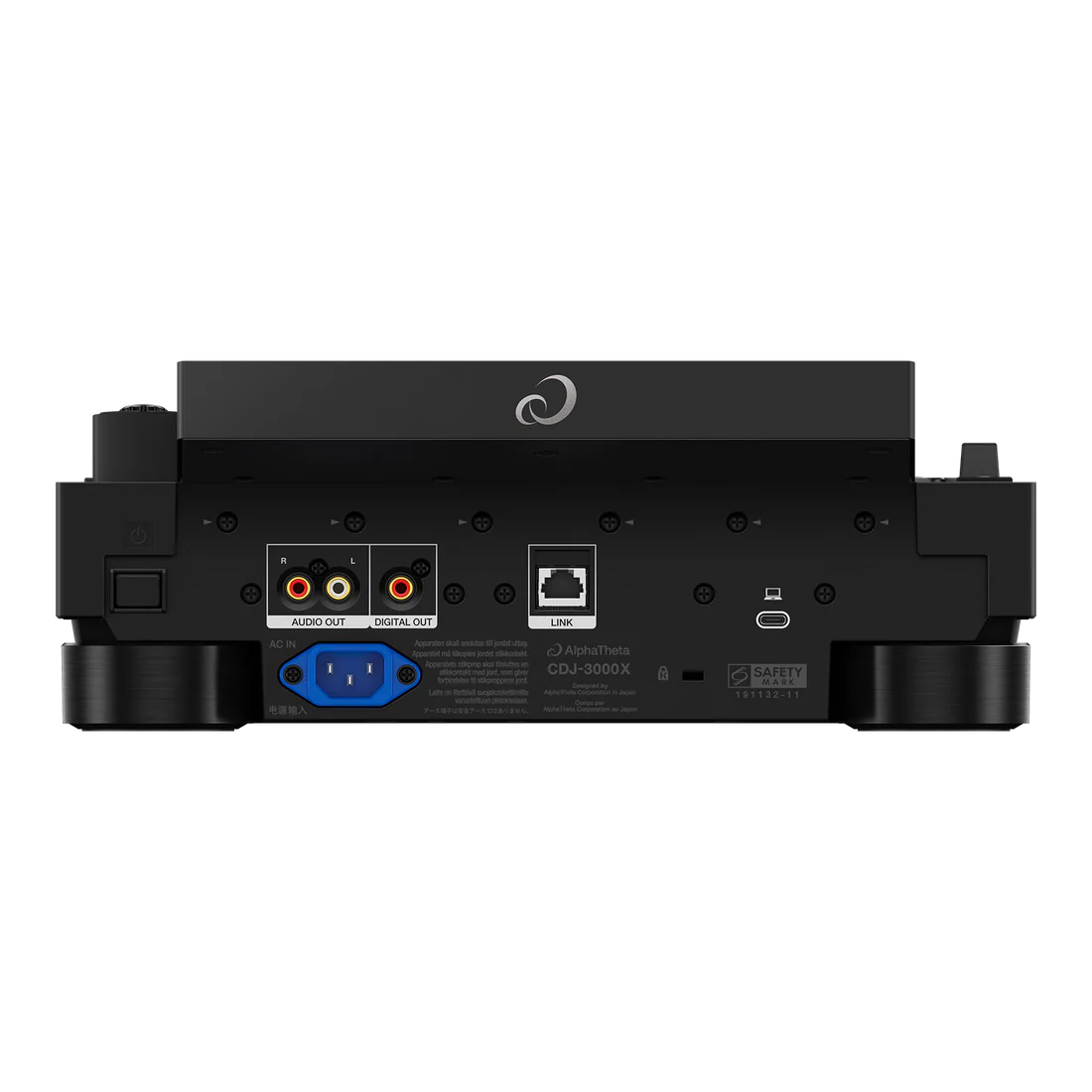 Back view of a black electronic device with connectivity ports on a white background