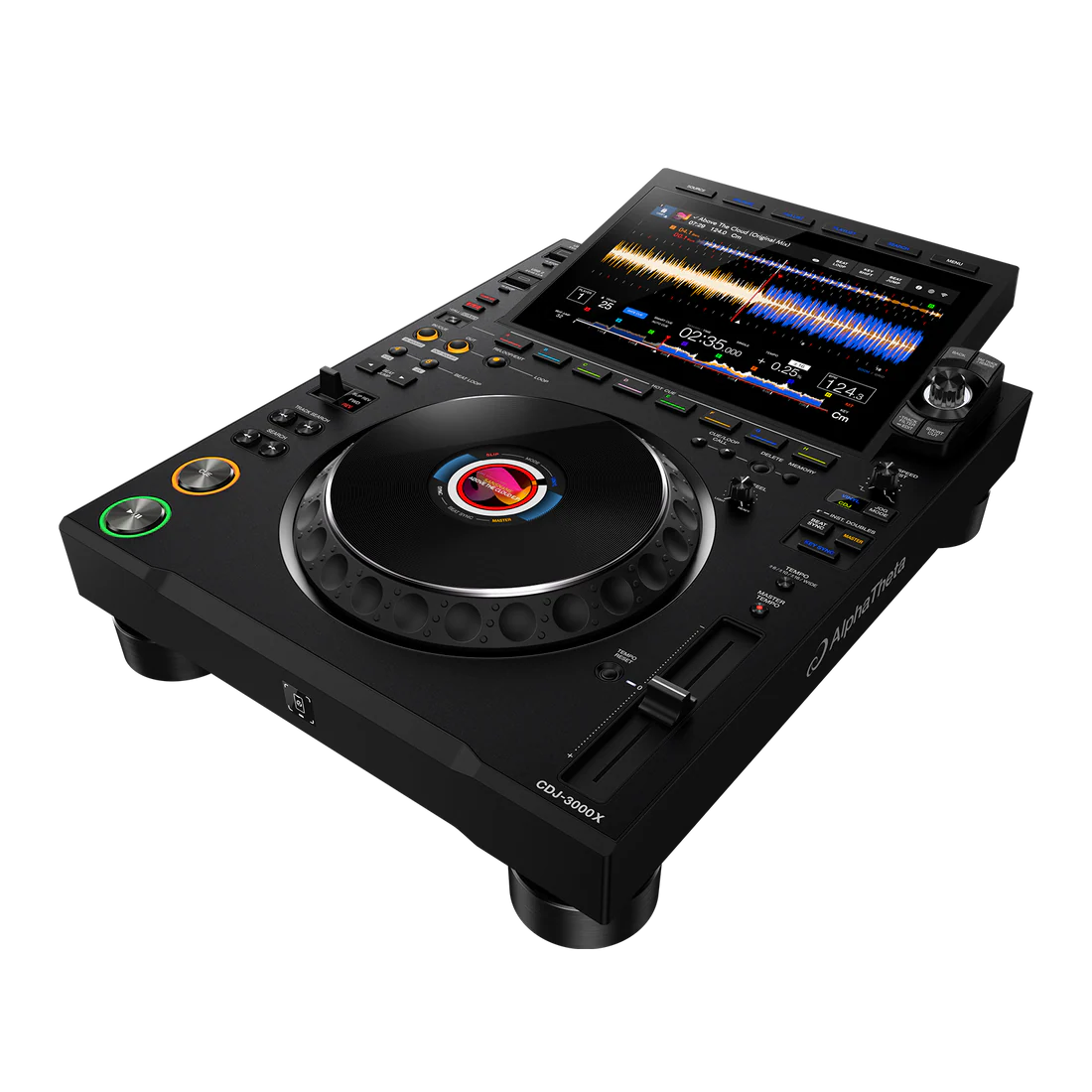 Black DJ turntable with digital display on a white background