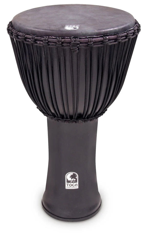 Black djembe drum with Toca logo on a white background