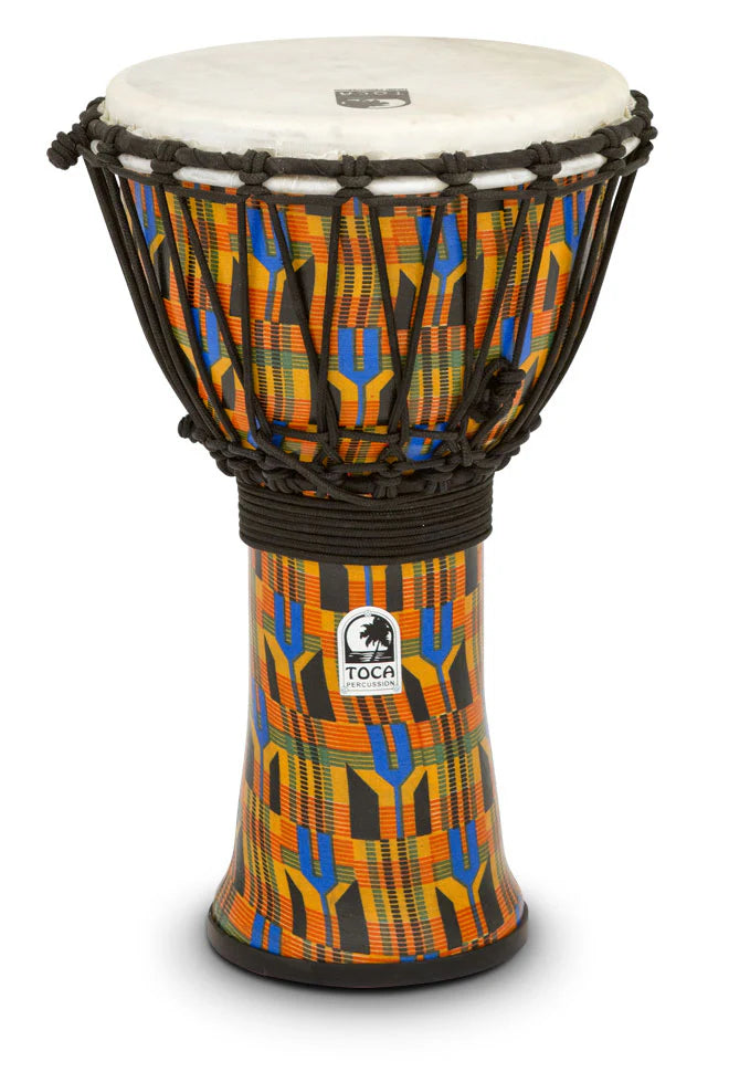 Djembe drum with colorful pattern on a white background