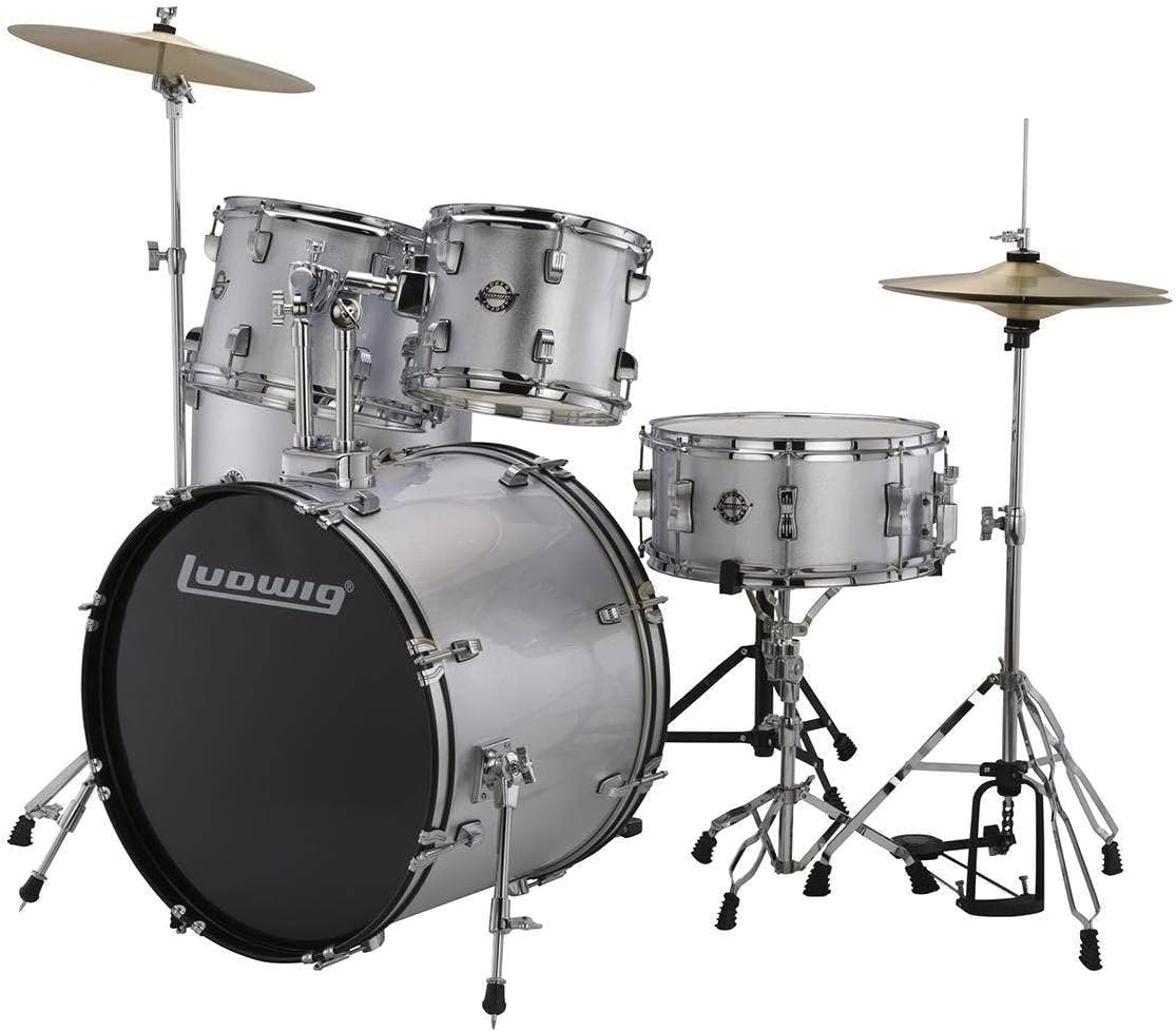 Ludwig Accent 5-Piece Complete Drum Set - 22-Inch Bass Drum and Cymbals, Silver Sparkle