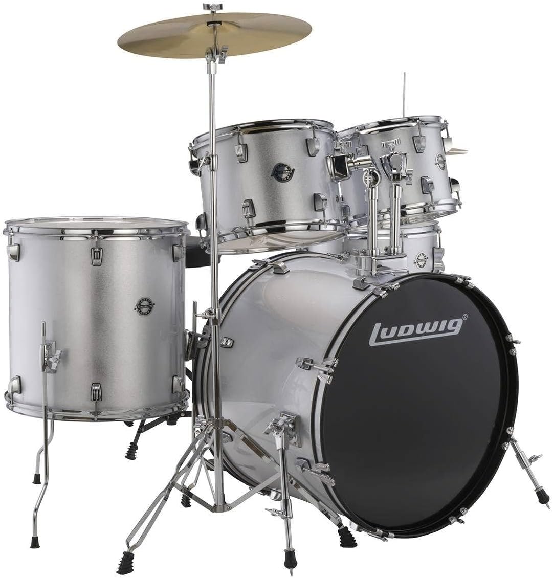 Ludwig Accent 5-Piece Complete Drum Set - 22-Inch Bass Drum and Cymbals, Silver Sparkle