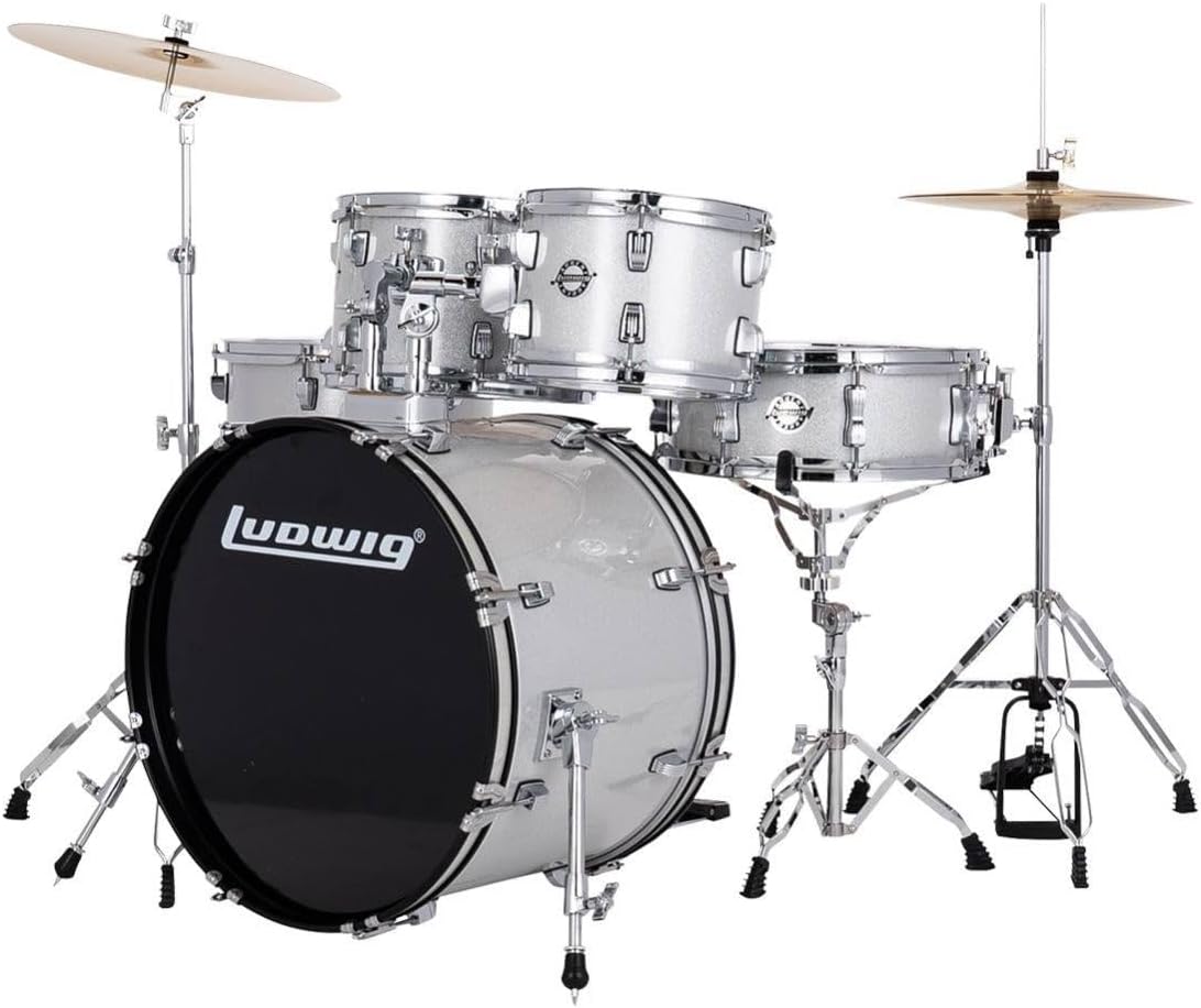 Ludwig Accent 5-Piece Complete Drum Set - 20-Inch Bass Drum and Cymbals, Silver Sparkle