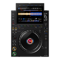 DJ player with a screen displaying music controls on a white background