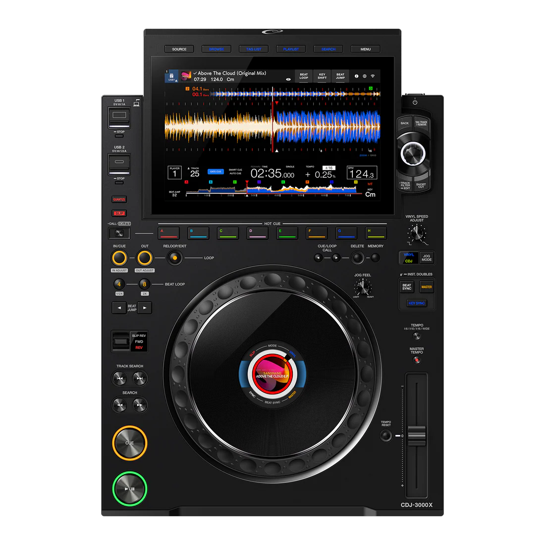 DJ player with a screen displaying music controls on a white background