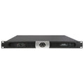 Black audio amplifier with brand logo on a white background