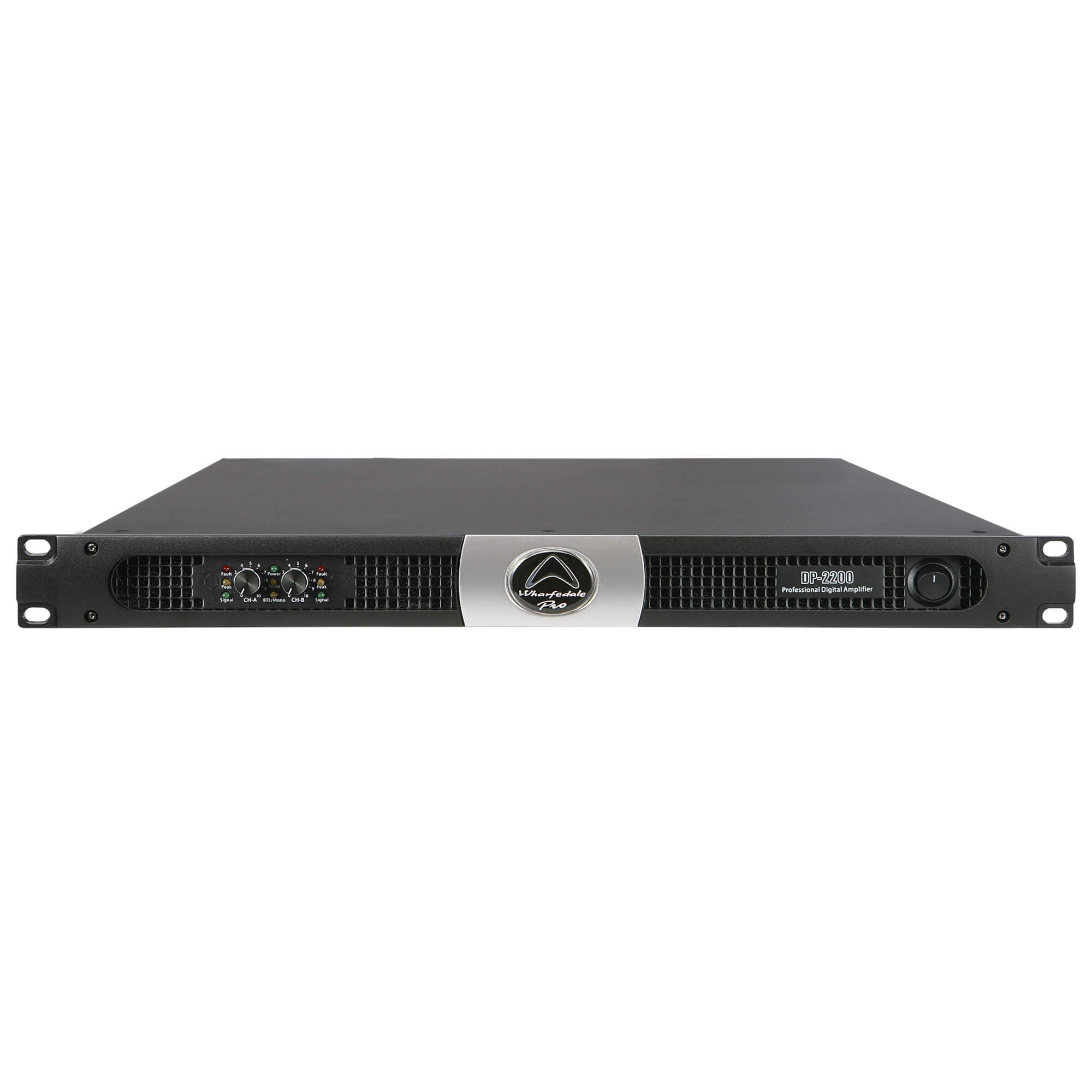 Black audio amplifier with brand logo on a white background