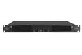 Black audio equipment rack on a white background