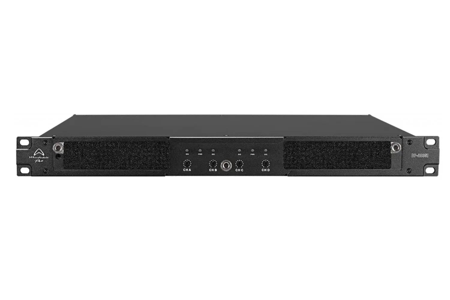 Black audio equipment rack on a white background