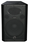 Black speaker with a brand logo on a white background
