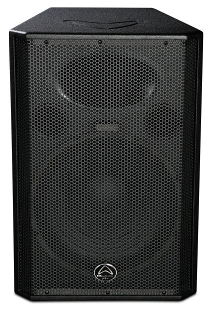 Black speaker with a brand logo on a white background