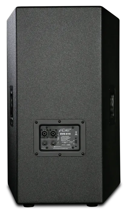 Black speaker with brand logo on a white background
