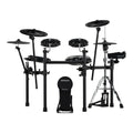 Roland electronic drum kit with black cymbals, a black drum throne, and a black crash cymbal on a silver tripod, shown against a solid white background.