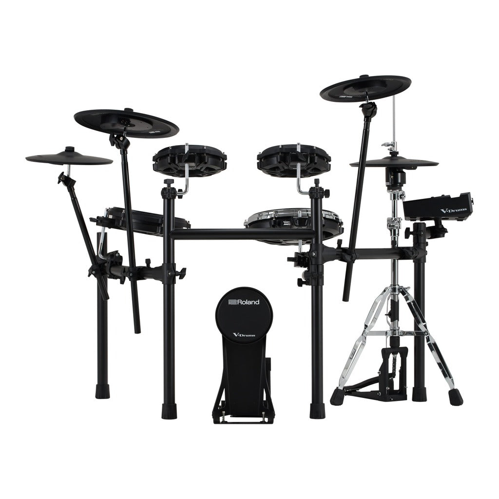 Roland electronic drum kit with black cymbals, a black drum throne, and a black crash cymbal on a silver tripod, shown against a solid white background.