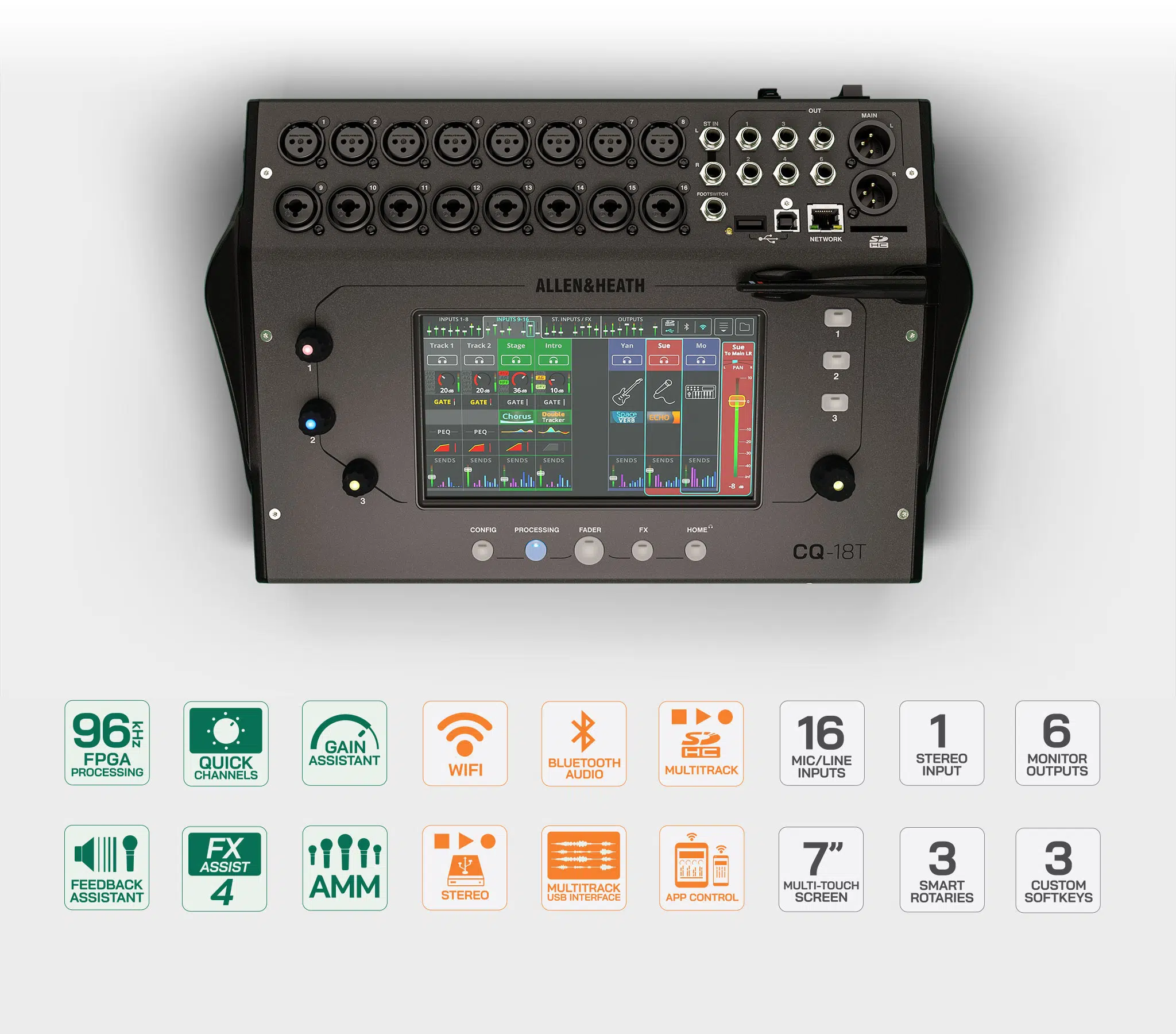 Allen & Heath CQ-18T – 18-Channel Digital Mixer with 7" Touchscreen, Bluetooth & FX