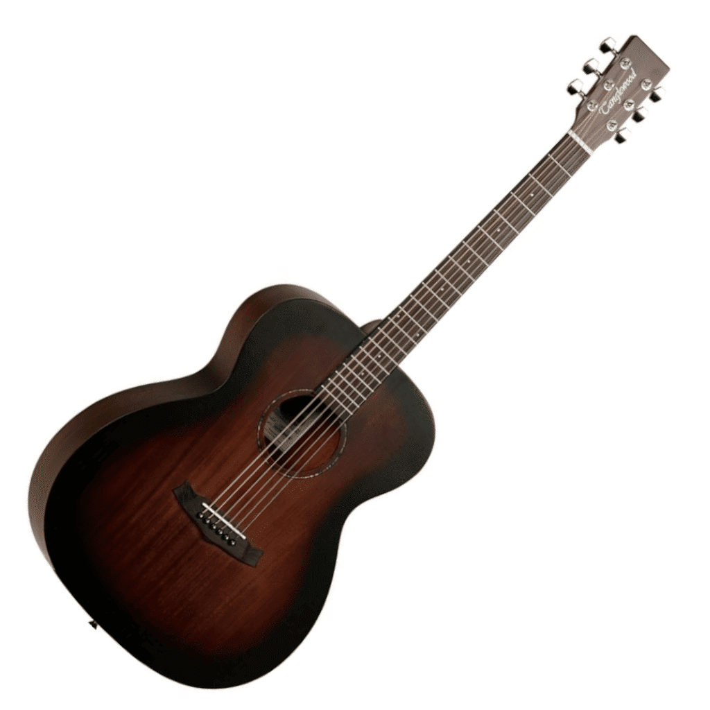 Acoustic guitar with a brown finish on a white background