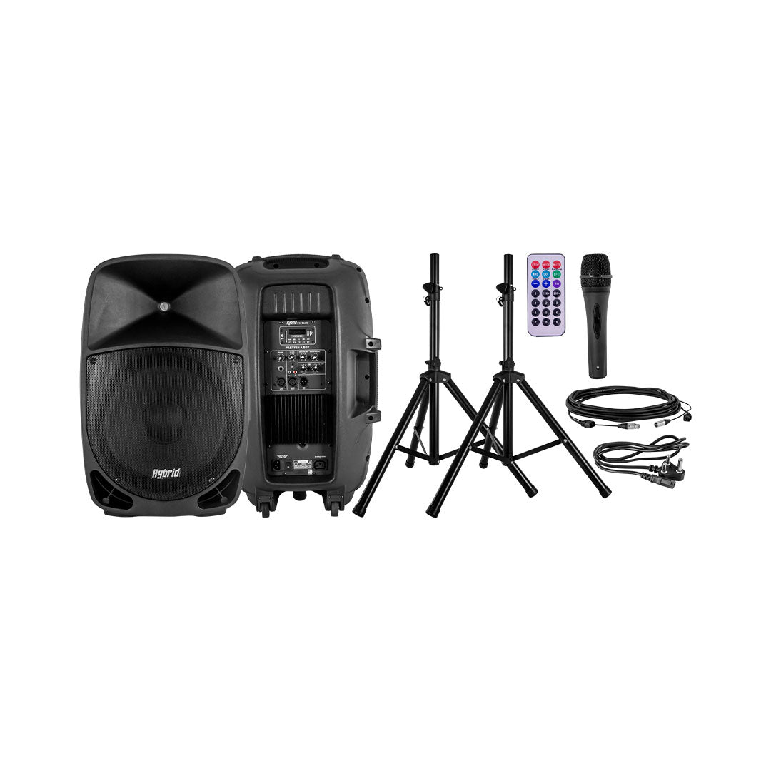Hybrid Party Box 15 – 2 x 15″ Active Speaker Combo System with Stands, Mic & Cables