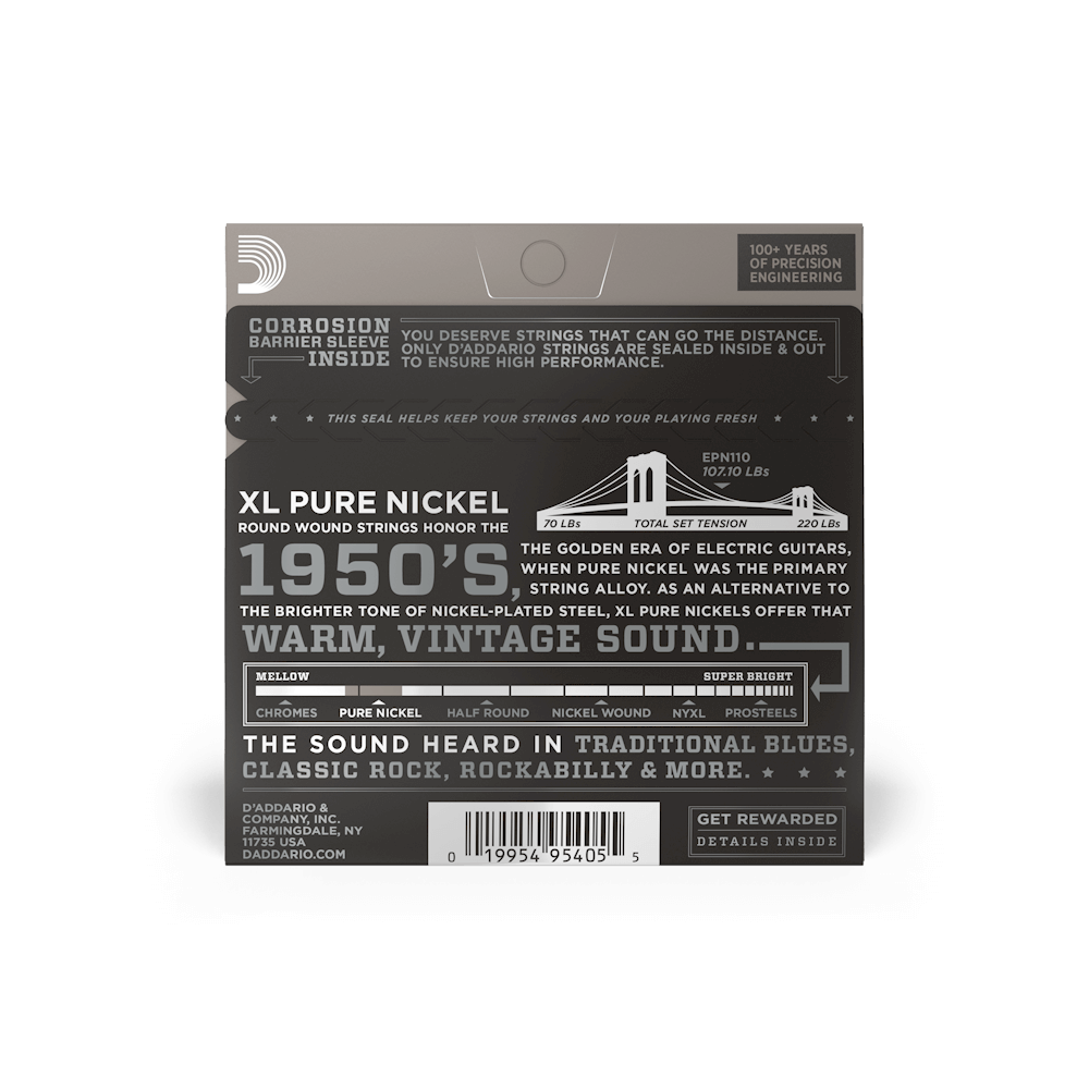 D’Addario EPN110 XL Pure Nickel Electric Guitar Strings – Regular Light – 10–45
