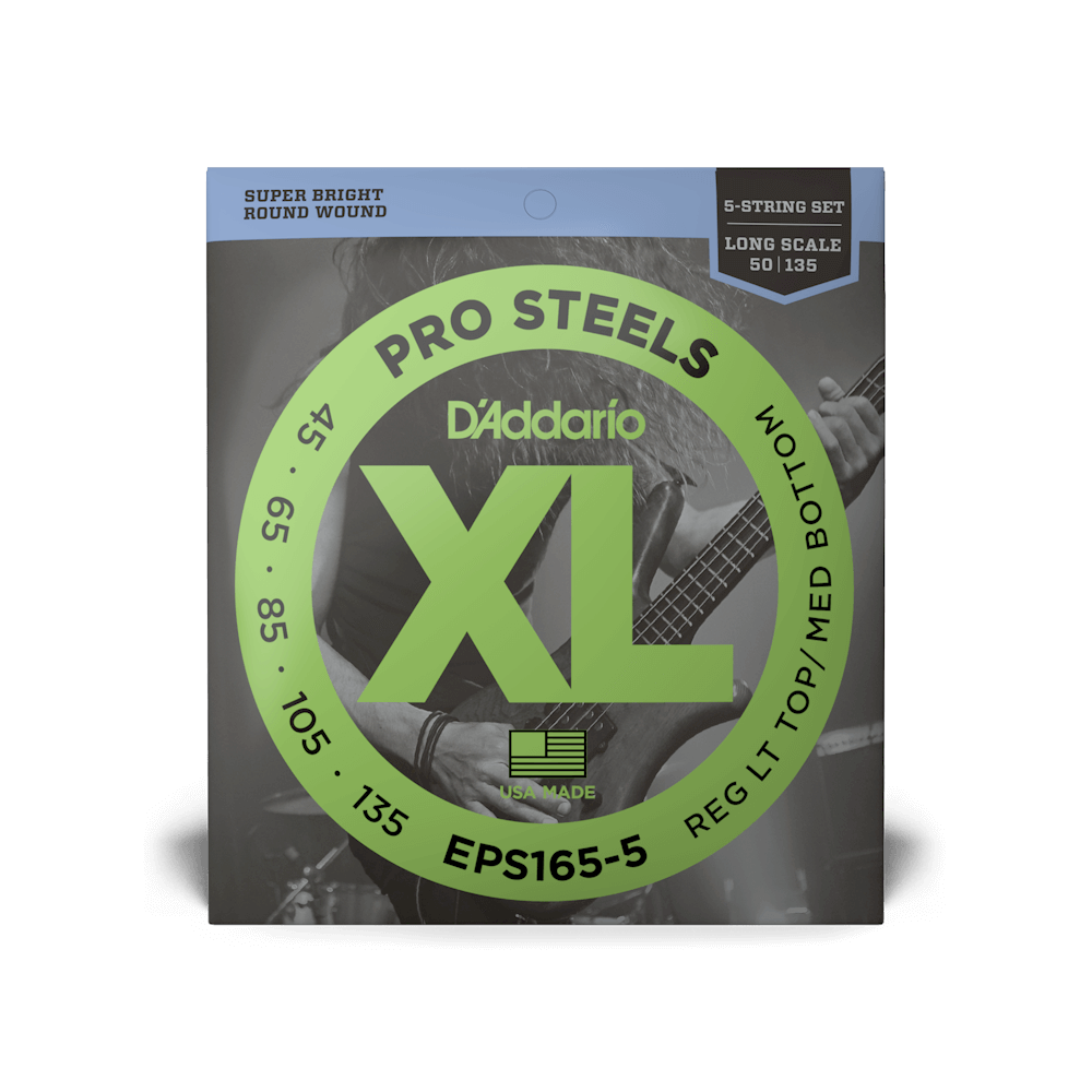 D’Addario EPS165-5 – XL ProSteels Regular Light Top/Medium Bottom 5-String Long Scale Bass Strings, 45-135