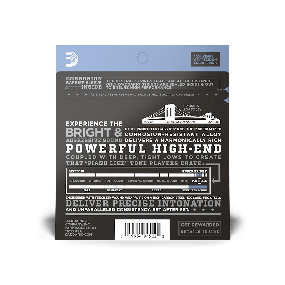 D’Addario EPS165-5 – XL ProSteels Regular Light Top/Medium Bottom 5-String Long Scale Bass Strings, 45-135