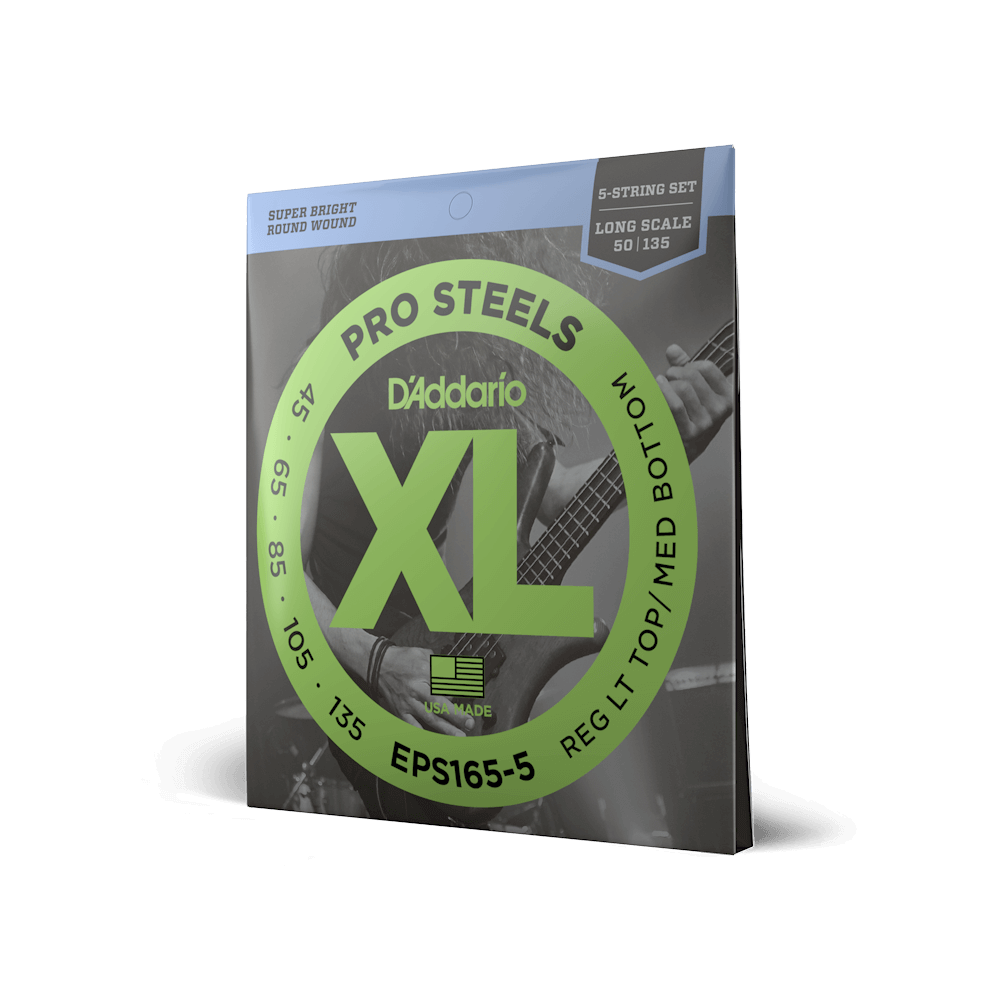 D’Addario EPS165-5 – XL ProSteels Regular Light Top/Medium Bottom 5-String Long Scale Bass Strings, 45-135