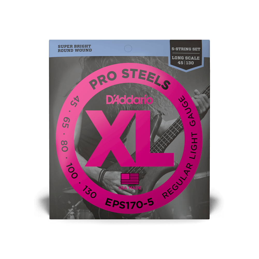 D’Addario EPS170-5 – XL ProSteels Regular Light 5-String Long Scale Bass Strings, 45-130