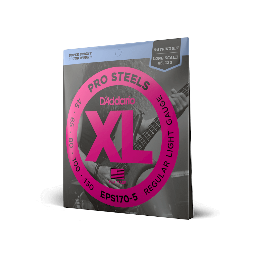 D’Addario EPS170-5 – XL ProSteels Regular Light 5-String Long Scale Bass Strings, 45-130