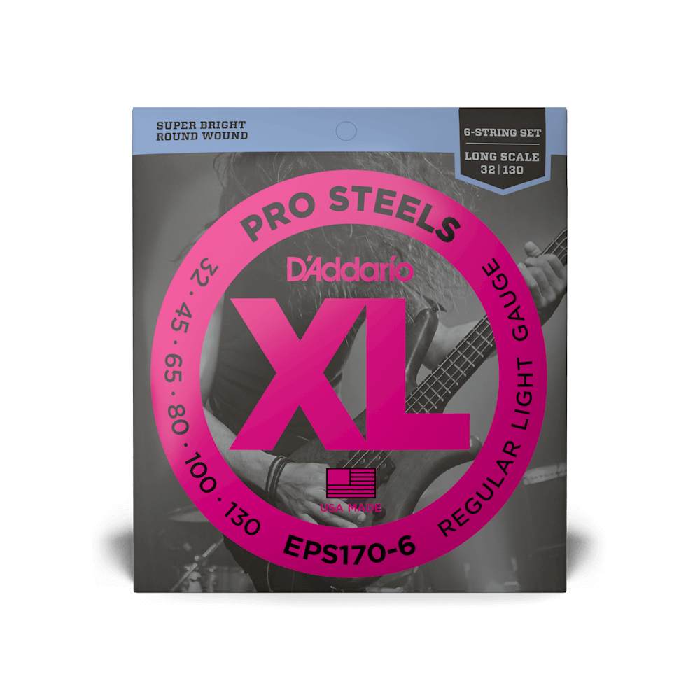 D’Addario EPS170-6 – XL ProSteels Regular Light 6-String Long Scale Bass Strings, 32-130