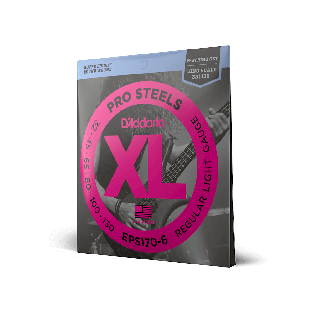 D’Addario EPS170-6 – XL ProSteels Regular Light 6-String Long Scale Bass Strings, 32-130