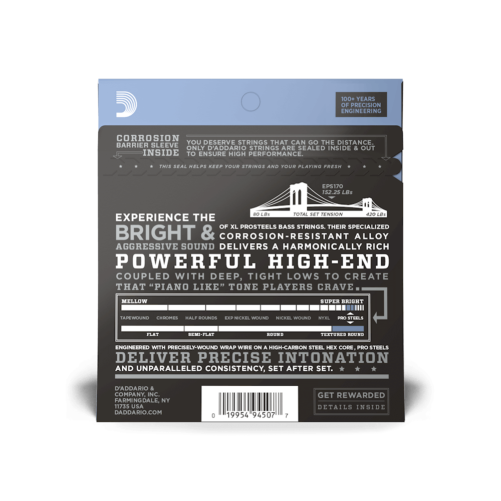 D’Addario EPS170 – XL ProSteels Regular Light 4-String Long Scale Bass Strings, 45-100