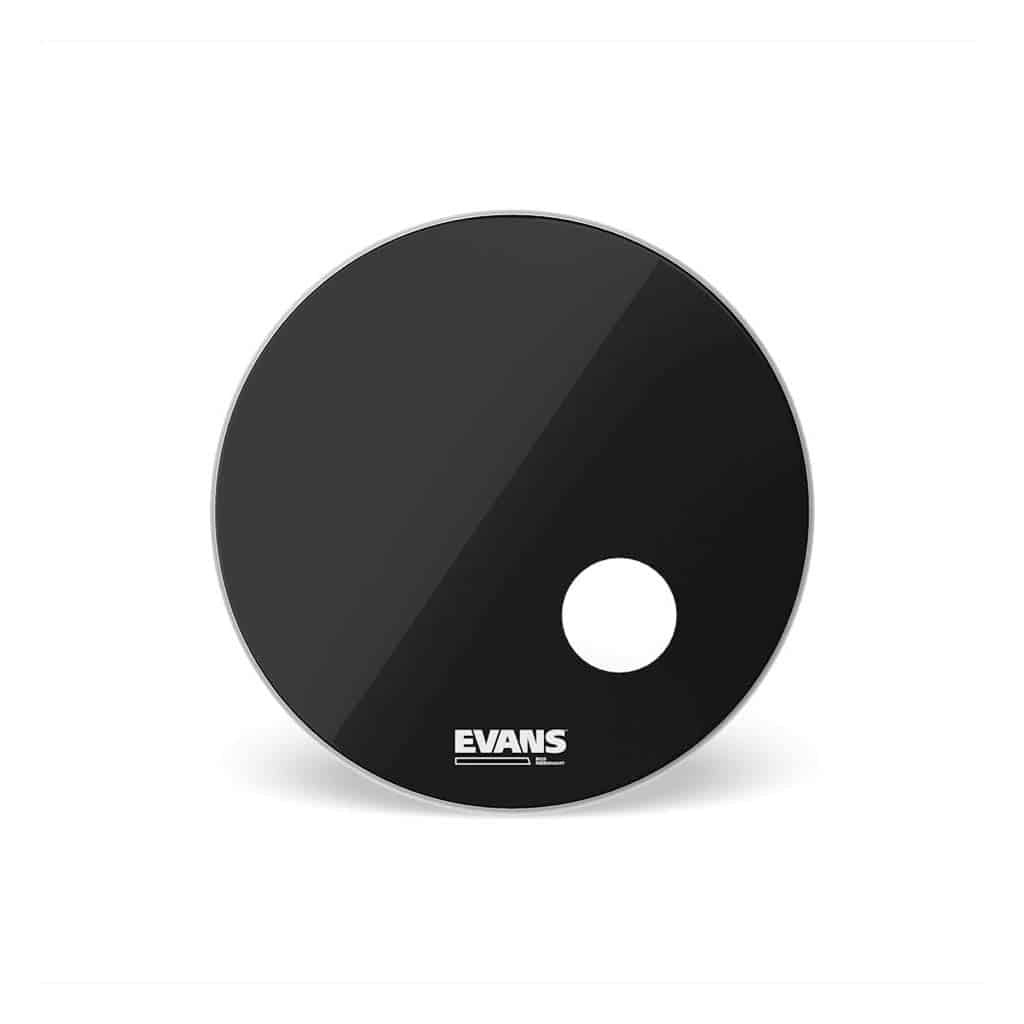 Black drumhead with 'Evans' branding on a white background
