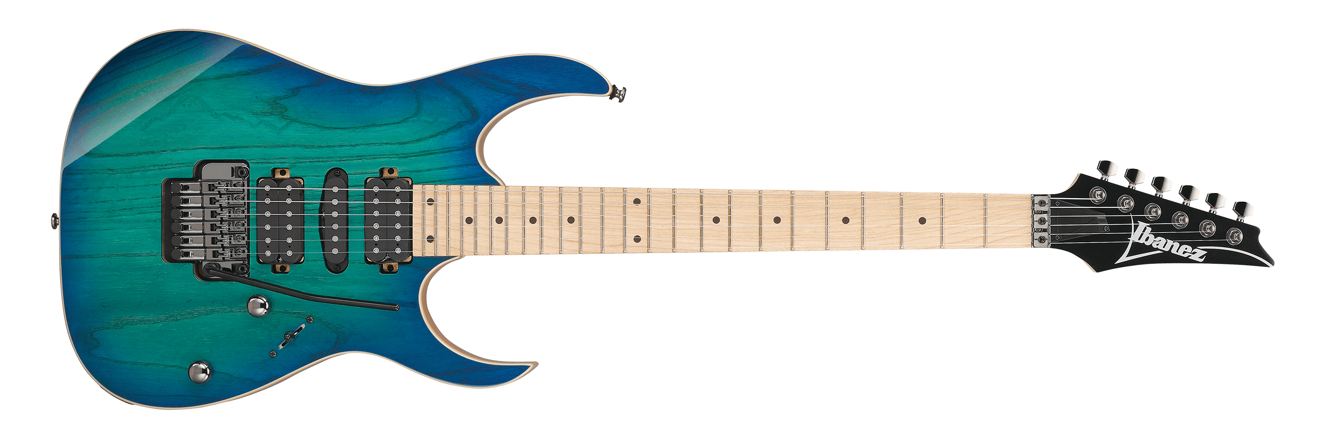 Blue electric guitar with a black pickguard on a white background